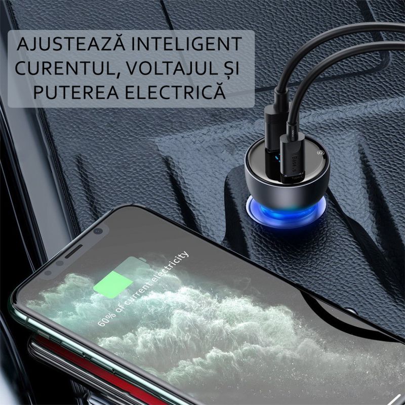 Laptop, Telefoane si Tablete - Telefoane mobile si accesorii - Accesorii Telefoane - Incarcatoare telefoane - Incarcator Auto Type-C PD65W, USB QC4.0 - Baseus (CCKX-C0G) - Transparent - Infinity.ro