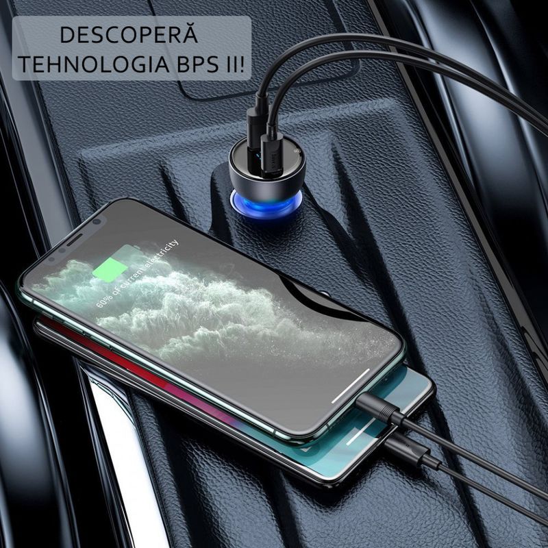 Laptop, Telefoane si Tablete - Telefoane mobile si accesorii - Accesorii Telefoane - Incarcatoare telefoane - Incarcator Auto Type-C PD65W, USB QC4.0 - Baseus (CCKX-C0G) - Transparent - Infinity.ro