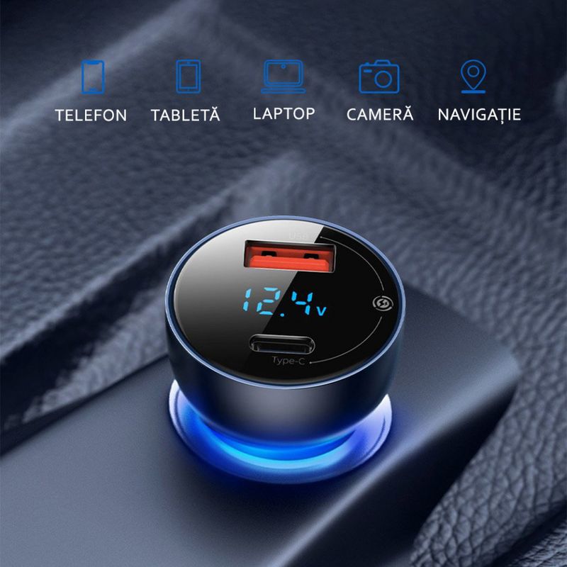 Laptop, Telefoane si Tablete - Telefoane mobile si accesorii - Accesorii Telefoane - Incarcatoare telefoane - Incarcator Auto Type-C PD65W, USB QC4.0 - Baseus (CCKX-C0G) - Transparent - Infinity.ro