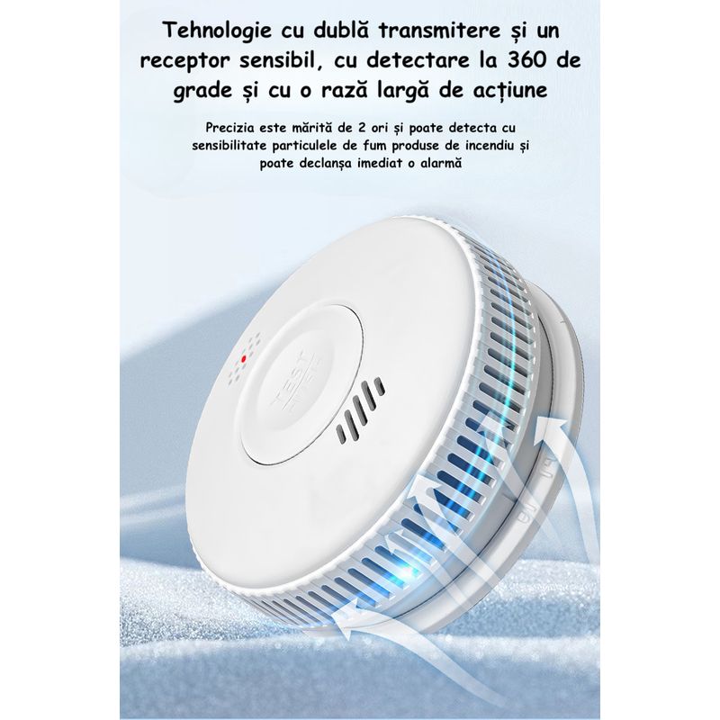 Casa si Gradina - Electrice - Smart Home - Centrale si module smart home - Detector de Fum ambrasmart Wireless pe Baterii, Aplicatie Tuya, Autonom, 85 dB, Alb, Detectare Avansata a Fumului - Infinity.ro