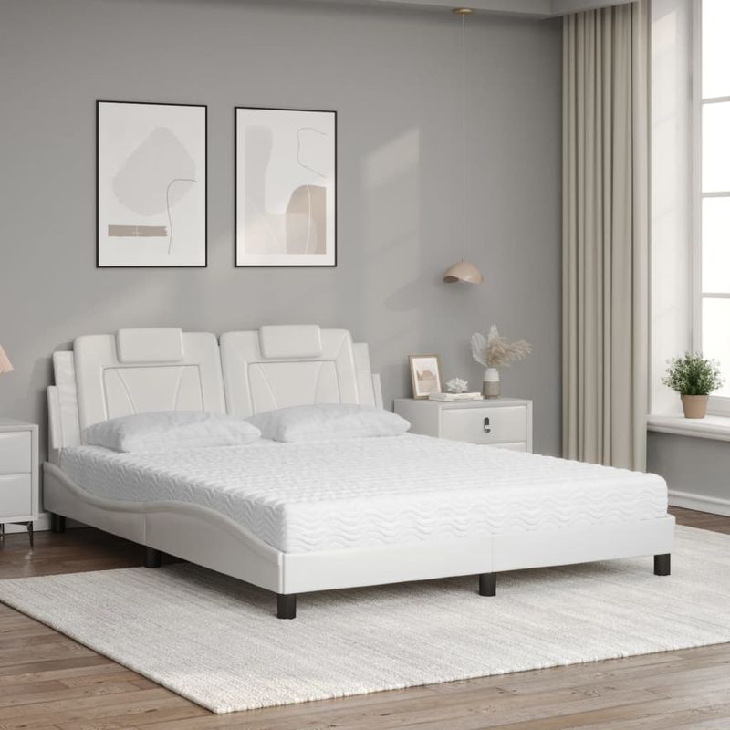 Casa si Gradina - Mobilier - Paturi si accesorii - Paturi - Pat cu saltea, alb, 160x200 cm, piele ecologica - Infinity.ro