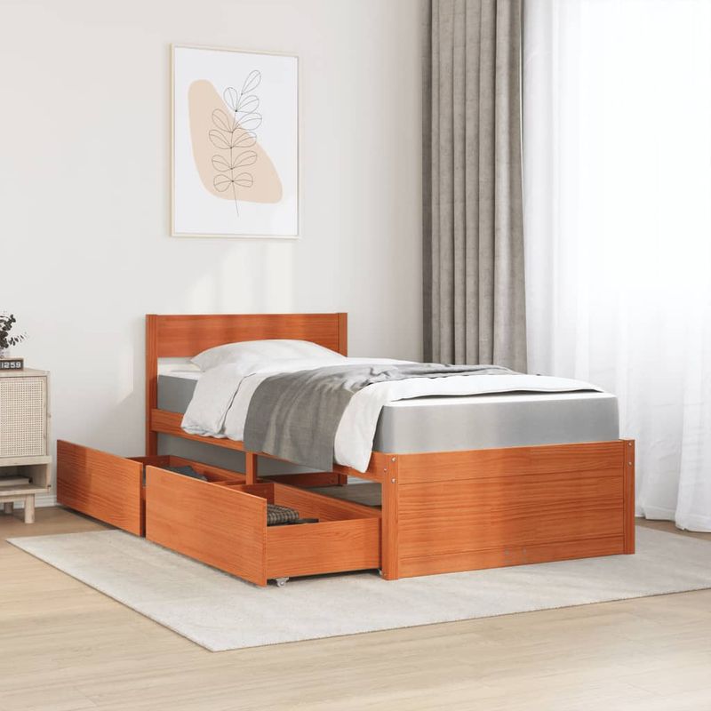 Casa si Gradina - Mobilier - Paturi si accesorii - Paturi - Pat cu sertare saltea, maro ceruit, 100x200 cm, lemn masiv pin - Infinity.ro