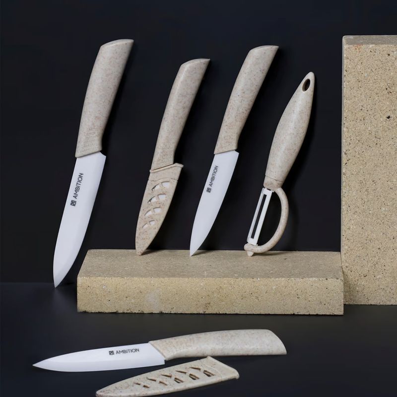 Casa si Gradina - Bucatarie si vesela - Vesela si tacamuri - Cutite si seturi de cutite - Set cutite AMBITION Skiv, 2 piese, include curatator legume, alb, lama ceramica - Infinity.ro
