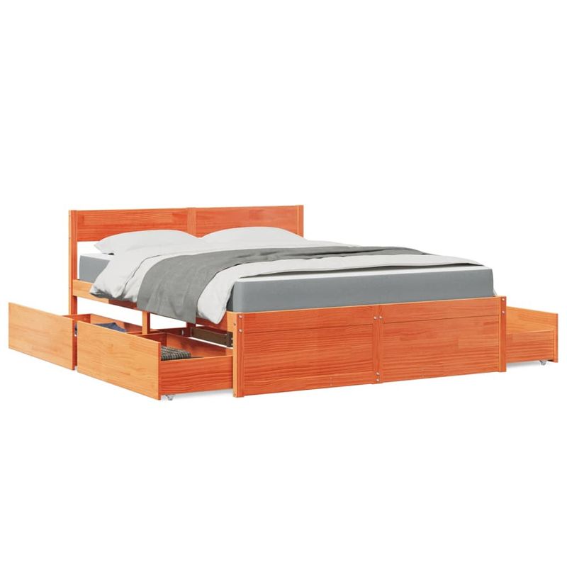 Casa si Gradina - Mobilier - Paturi si accesorii - Paturi - Pat cu sertare saltea, maro ceruit, 140x200 cm, lemn masiv pin - Infinity.ro