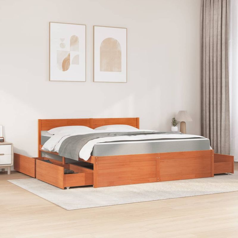 Casa si Gradina - Mobilier - Paturi si accesorii - Paturi - Pat cu sertare saltea, maro ceruit, 180x200 cm, lemn masiv pin - Infinity.ro