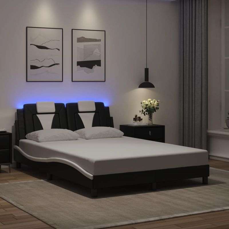 Casa si Gradina - Mobilier - Paturi si accesorii - Paturi - Cadru de pat cu lumini LED negru/alb 140x190 cm piele ecologica - Infinity.ro