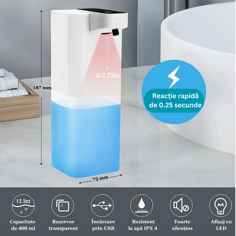 Casa si Gradina - Sanitare - Suporturi si accesorii baie - Dispensere - Dozator/Dispenser automat ESPRODYS cu senzor pentru sapun lichid/spuma/dezinfectant 400ml spumare rapida portabil alb - Infinity.ro