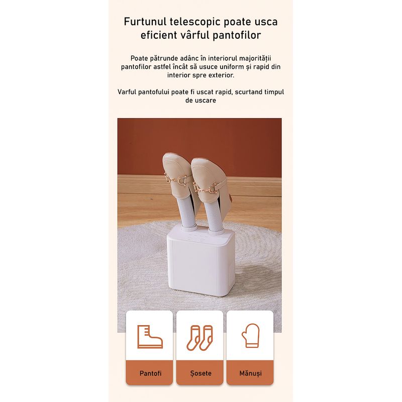 Market - Spalare si intretinere rufe - Produse intretinere Incaltaminte - Perii si alte accesorii - Uscator electric BYNOVIS® pentru orice tip de incaltaminte, Usuca inclusiv sosete si manusi, Pliabil, Capacitate 2 perechi, Putere 150W, Termostat automat programat la 55°C, Filtru carbon, Telescopic, - Infinity.ro