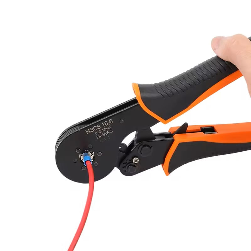 Casa si Gradina - Constructii - Scule de mana si unelte - Clesti si patenti - Cleste pentru sertizare, model HSC8 16-6, Sase falci, Interval 0.08 - 16 mm², Pentru terminale conductori, Auto-reglabil cu revenire automata, BYNOVIS®, Robust, Usureaza munca, Culoare negru-portocali - Infinity.ro