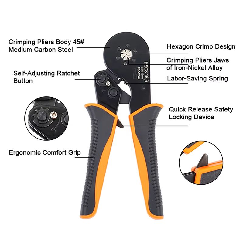 Casa si Gradina - Constructii - Scule de mana si unelte - Clesti si patenti - Cleste pentru sertizare, model HSC8 16-6, Sase falci, Interval 0.08 - 16 mm², Pentru terminale conductori, Auto-reglabil cu revenire automata, BYNOVIS®, Robust, Usureaza munca, Culoare negru-portocali - Infinity.ro