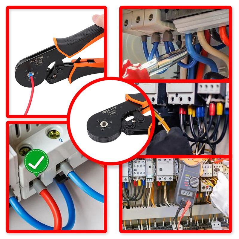 Casa si Gradina - Constructii - Scule de mana si unelte - Clesti si patenti - Cleste pentru sertizare, model HSC8 16-6, Sase falci, Interval 0.08 - 16 mm², Pentru terminale conductori, Auto-reglabil cu revenire automata, BYNOVIS®, Robust, Usureaza munca, Culoare negru-portocali - Infinity.ro