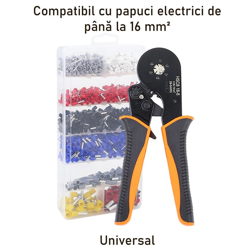 Casa si Gradina - Constructii - Scule de mana si unelte - Clesti si patenti - Cleste pentru sertizare, model HSC8 16-6, Sase falci, Interval 0.08 - 16 mm², Pentru terminale conductori, Auto-reglabil cu revenire automata, BYNOVIS®, Robust, Usureaza munca, Culoare negru-portocali - Infinity.ro