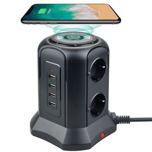 Prelungitor tip turn, Nivazo, 4 porturi USB 2, 6 prize, incarcare wireless, cablu 2m, protectie la supratensiune, negru