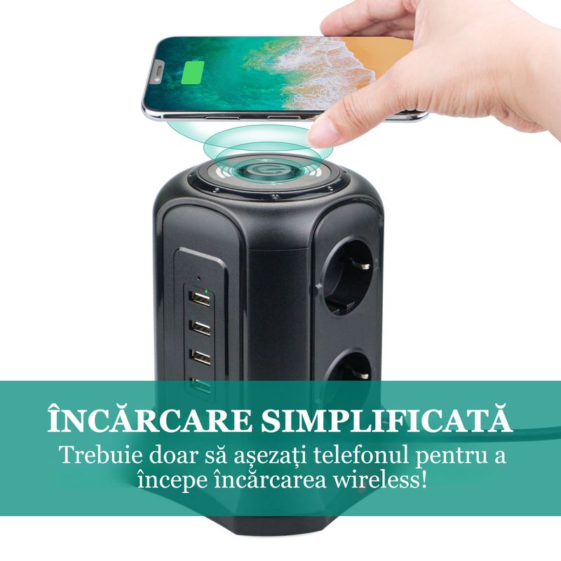 Casa si Gradina - Electrice - Accesorii electrice - Prelungitoare, triple, fise - Prelungitor tip turn, Nivazo, 4 porturi USB 2, 6 prize, incarcare wireless, cablu 2m, protectie la supratensiune, negru - Infinity.ro