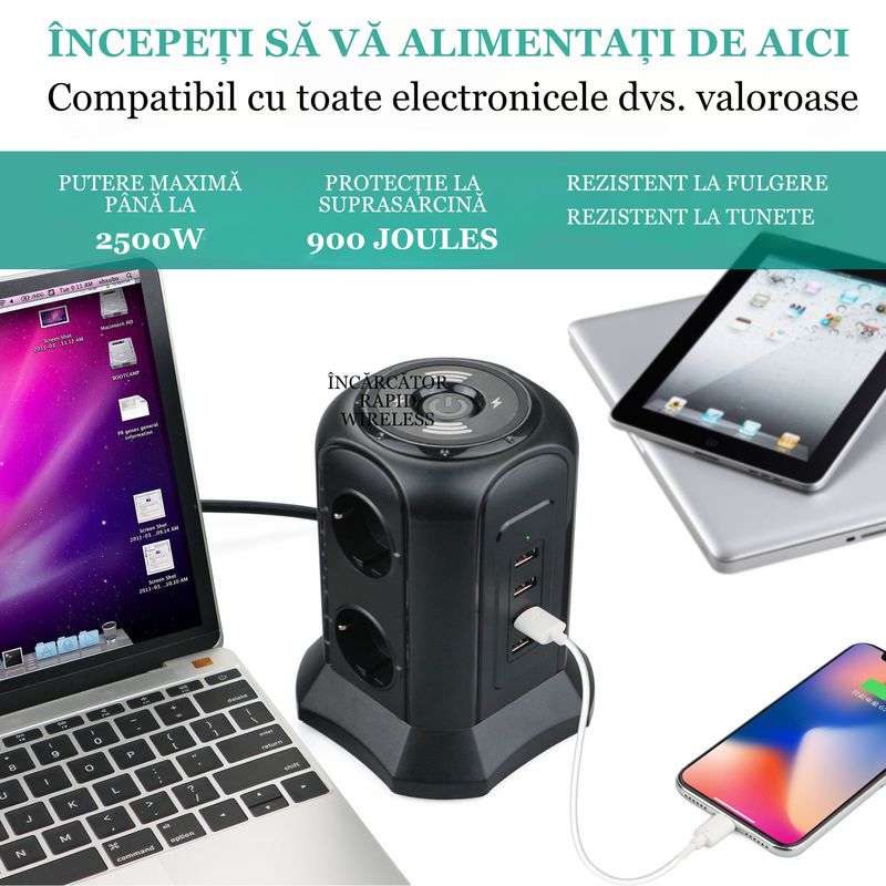 Casa si Gradina - Electrice - Accesorii electrice - Prelungitoare, triple, fise - Prelungitor tip turn, Nivazo, 4 porturi USB 2, 6 prize, incarcare wireless, cablu 2m, protectie la supratensiune, negru - Infinity.ro