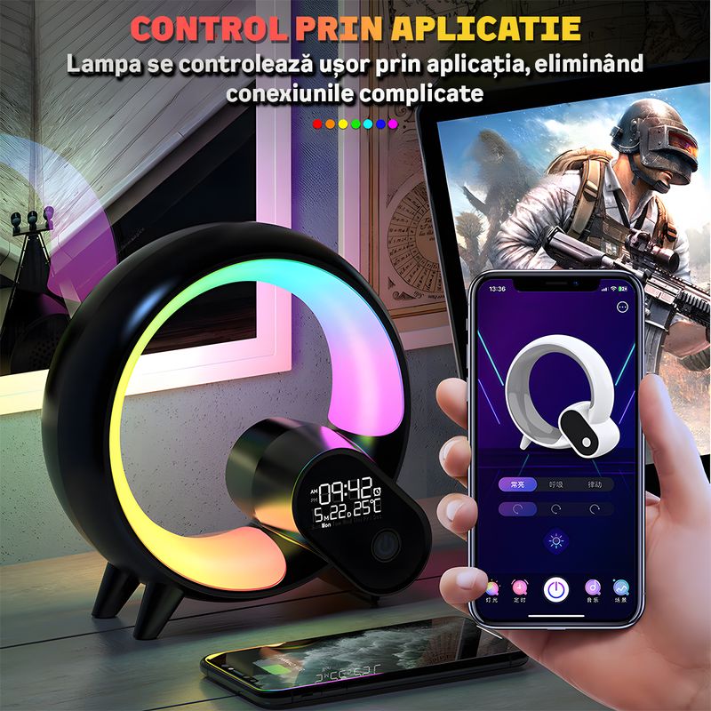 Casa si Gradina - Corpuri si surse de iluminat - Veioze si lampi - Lampi de veghe - Lampa LED inteligenta Nivazo Sense, 12 sunete naturale, 3 sunete pentru adormire, acumulator 120mAh, iluminare RGB, afisaj ceas, temperatura, data, saptamana, control prin aplicatie, negru - Infinity.ro