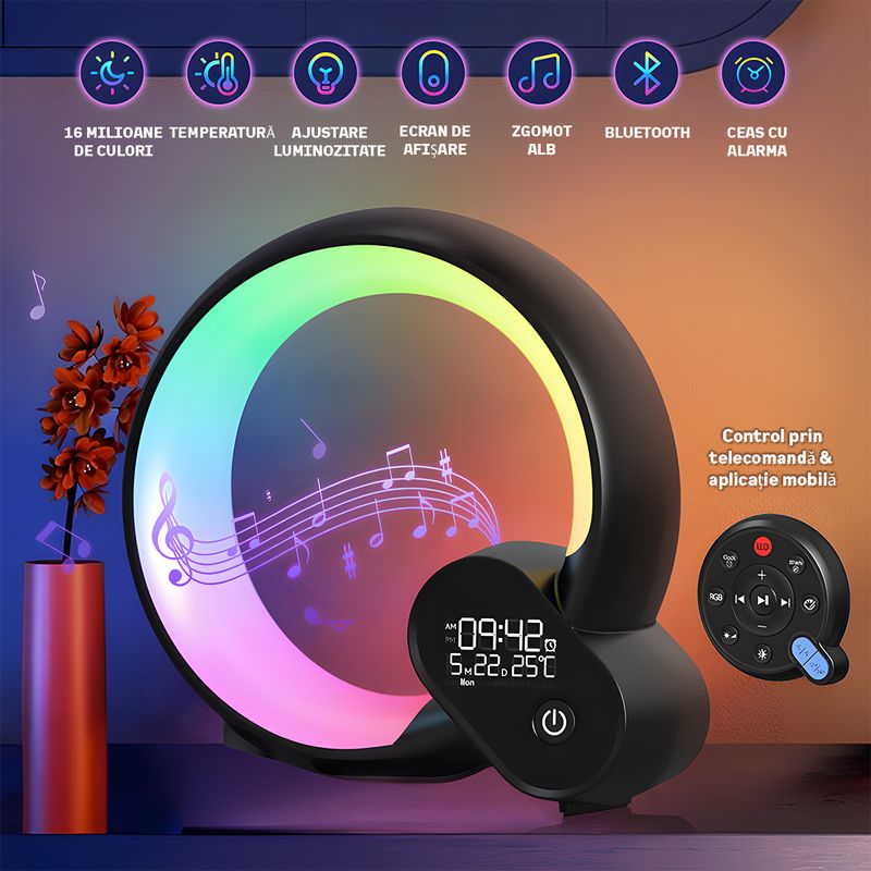 Casa si Gradina - Corpuri si surse de iluminat - Veioze si lampi - Lampi de veghe - Lampa LED inteligenta Nivazo Sense, 12 sunete naturale, 3 sunete pentru adormire, acumulator 120mAh, iluminare RGB, afisaj ceas, temperatura, data, saptamana, control prin aplicatie, negru - Infinity.ro