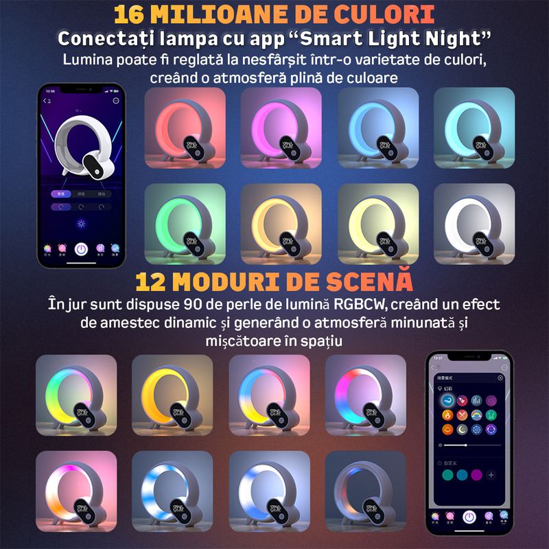 Casa si Gradina - Corpuri si surse de iluminat - Veioze si lampi - Lampi de veghe - Lampa LED inteligenta Nivazo Sense, 12 sunete naturale, 3 sunete pentru adormire, acumulator 120mAh, iluminare RGB, afisaj ceas, temperatura, data, saptamana, control prin aplicatie, negru - Infinity.ro