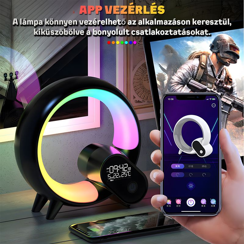 Casa si Gradina - Corpuri si surse de iluminat - Veioze si lampi - Lampi de veghe - Lampa LED inteligenta Nivazo Sense, 12 sunete naturale, 3 sunete pentru adormire, acumulator 120mAh, iluminare RGB, afisaj ceas, temperatura, data, saptamana, control prin aplicatie, negru - Infinity.ro