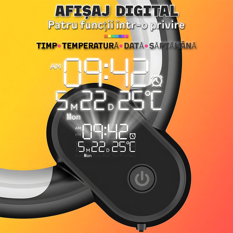 Casa si Gradina - Corpuri si surse de iluminat - Veioze si lampi - Lampi de veghe - Lampa LED inteligenta Nivazo Sense, 12 sunete naturale, 3 sunete pentru adormire, acumulator 120mAh, iluminare RGB, afisaj ceas, temperatura, data, saptamana, control prin aplicatie, negru - Infinity.ro