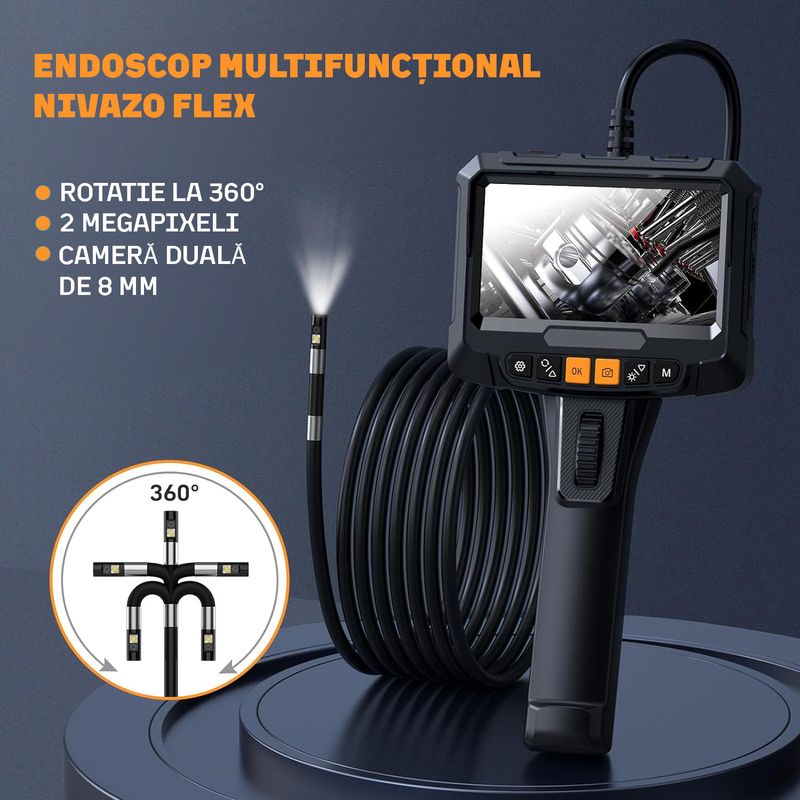 Auto si Moto - Reparatii si depanare - Scule auto - Scule si truse auto - Camera Endoscopica Nivazo Flex, Camera flexibila, Ecran 5.0 Inch HD , 8+1 lumini LED pentru vizualizarea perfecta a locurilor intunecate inguste si umede, baterie 2000mAh - Infinity.ro
