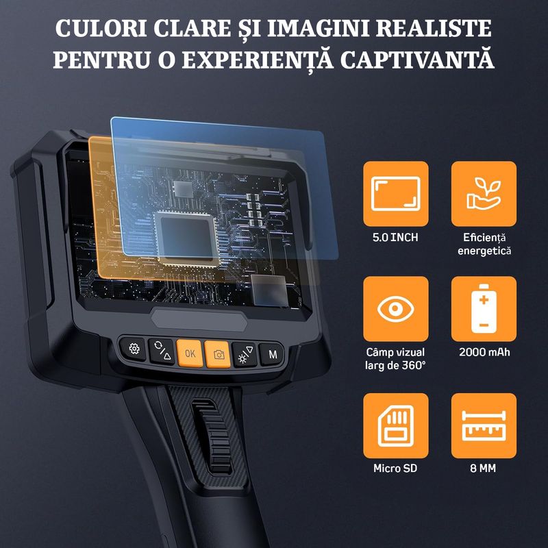 Auto si Moto - Reparatii si depanare - Scule auto - Scule si truse auto - Camera Endoscopica Nivazo Flex, Camera flexibila, Ecran 5.0 Inch HD , 8+1 lumini LED pentru vizualizarea perfecta a locurilor intunecate inguste si umede, baterie 2000mAh - Infinity.ro