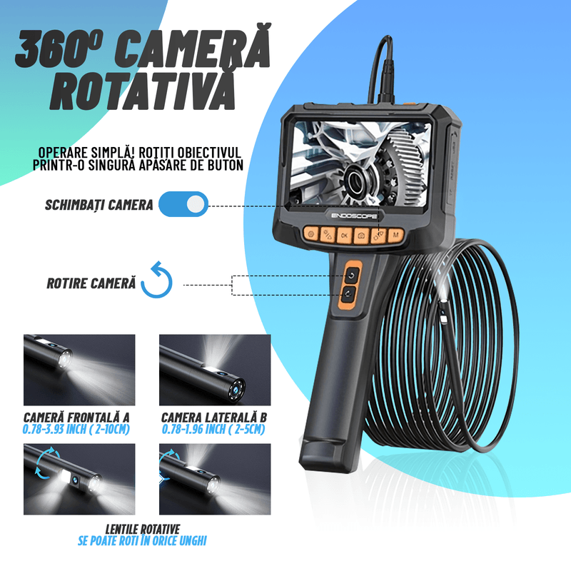 Auto si Moto - Reparatii si depanare - Scule auto - Scule si truse auto - Camera endoscopica Nivazo® G10 Pro, camera rotativa la 360°, ecran 5.0 inch HD, pentru vizualizarea perfecta a locurilor intunecate inguste si umede, baterie 2000mAh - Infinity.ro