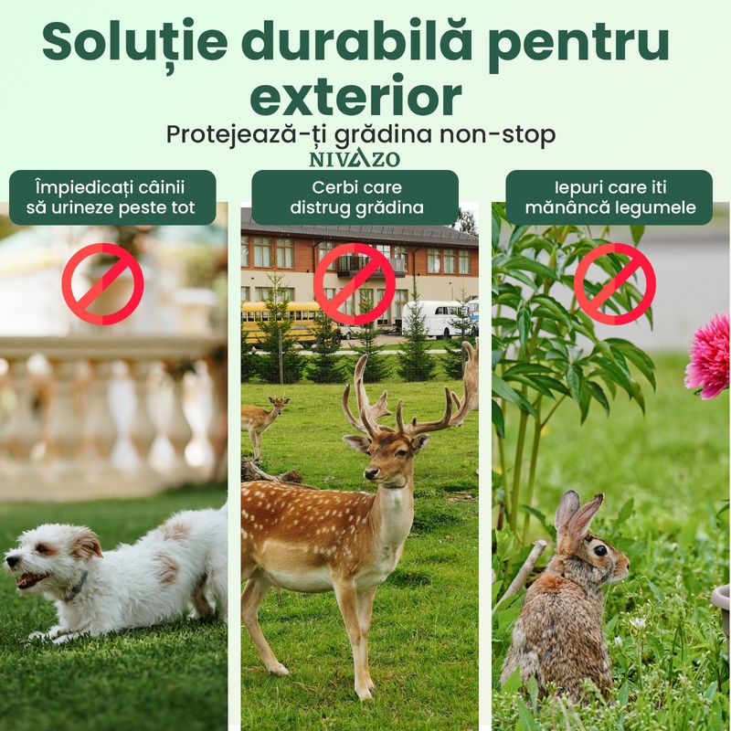 Casa si Gradina - Gradinarit si plante - Intretinere gradina - Articole daunatori gradina - Aparat cu ultrasunete impotriva daunatorilor, Nivazo 628, 2 difuzoare ultrasonice, senzor infrarosu, 4 moduri functionare, incarcare solara/USB, rezistent la apa lP44, acoperire 110° - Infinity.ro