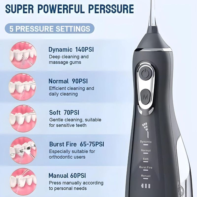 Ingrijire personala si Cosmetice - Igiena dentara - Irigatoare bucale - Irigator Oral Profesional pentru Dus Bucal, 2000mAh, 300 ml rezervor, 1800 Rotatii, 7 trepte, 5 capete, incarcare USB - Infinity.ro