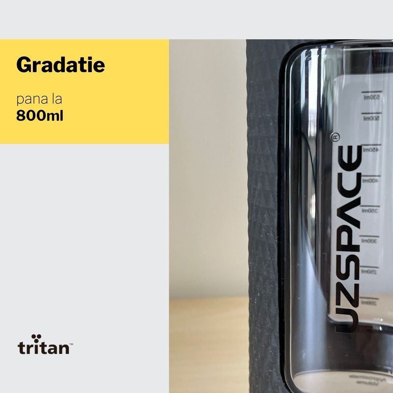 Sport si Outdoor - Echipament Sportiv - Accesorii echipament sportiv - Bidoane si shakere - Sticla de apa sport pentru fitness UZSPACE - 800ml, BPA free, gradata, grip prindere, capac cu pai inclus, Neagra - Infinity.ro