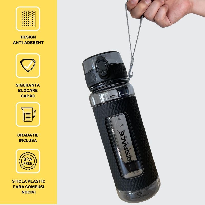 Sport si Outdoor - Echipament Sportiv - Accesorii echipament sportiv - Bidoane si shakere - Sticla de apa sport pentru fitness UZSPACE - 800ml, BPA free, gradata, grip prindere, capac cu pai inclus, Neagra - Infinity.ro