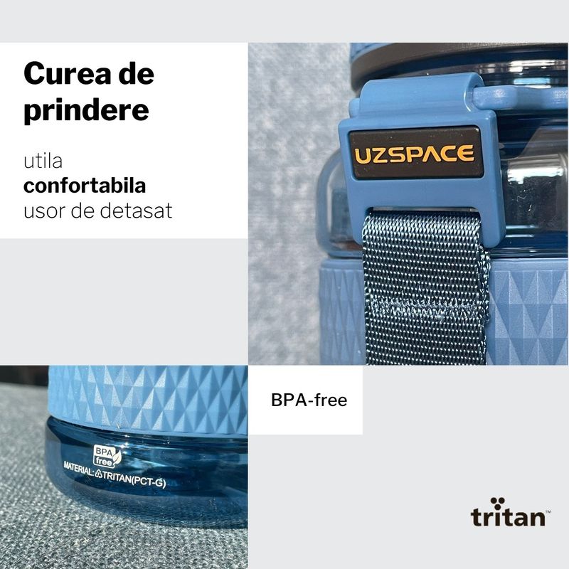 Sport si Outdoor - Echipament Sportiv - Accesorii echipament sportiv - Bidoane si shakere - Sticla de apa sport pentru fitness UZSPACE - 1100ml, BPA free, gradata, grip prindere, capac cu pai, Albastru - Infinity.ro