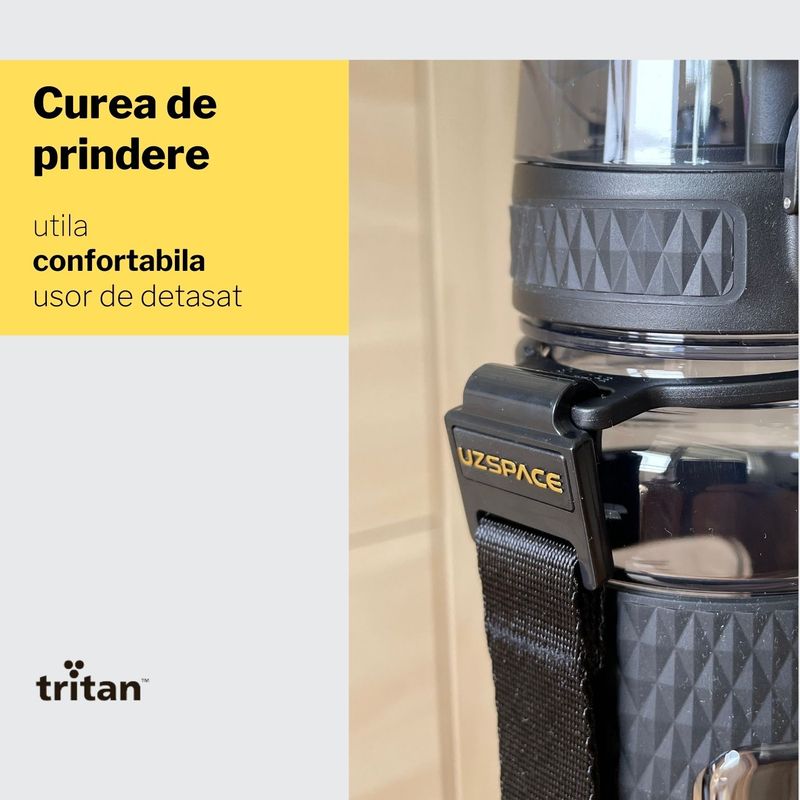 Sport si Outdoor - Echipament Sportiv - Accesorii echipament sportiv - Bidoane si shakere - Sticla de apa sport pentru fitness UZSPACE - 800ml, BPA free, gradata, grip prindere, capac cu pai inclus, Neagra - Infinity.ro