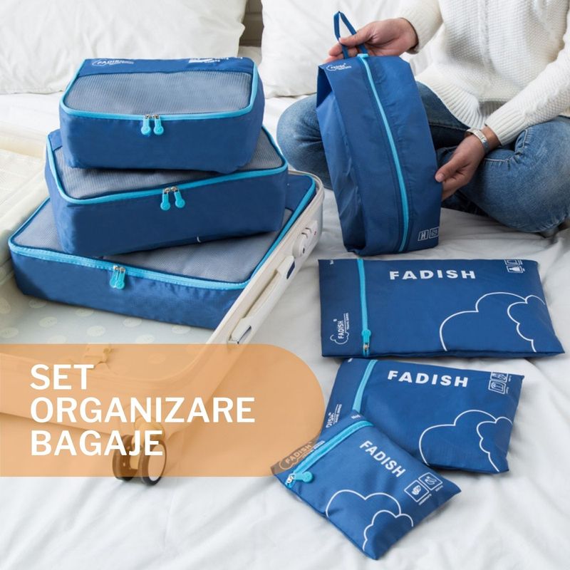 Sport si Outdoor - Articole de voiaj - Accesorii articole de voiaj - Set 7 huse organizare bagaj pentru calatorie, 3x plicuri impermeabile, 3x huse plasa, 1x organizator pantofi, Albastru - Infinity.ro