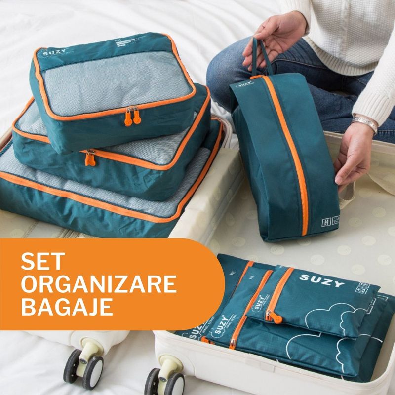 Sport si Outdoor - Articole de voiaj - Accesorii articole de voiaj - Set 7 huse organizare haine bagaj pentru calatorie, 3x plicuri impermeabile, 3x huse plasa, 1x organizator pantofi,Verde - Infinity.ro