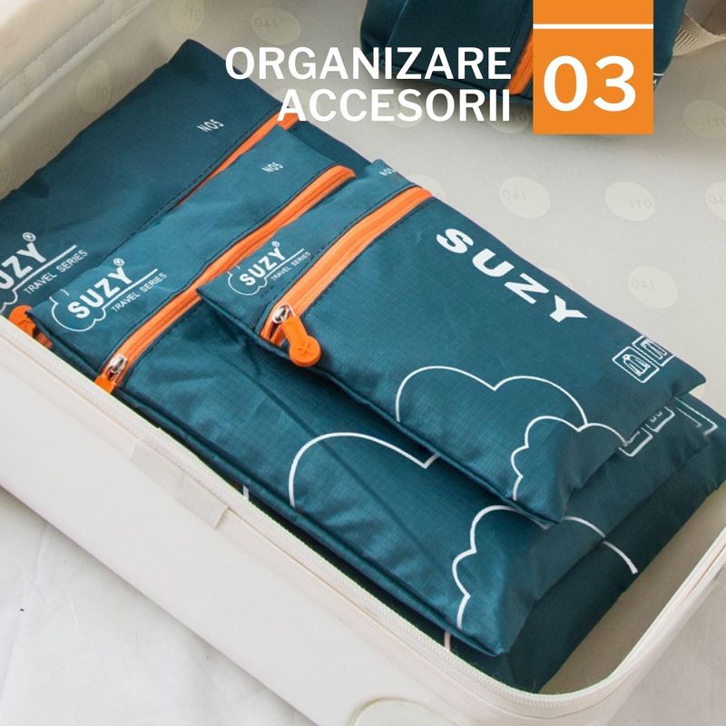 Sport si Outdoor - Articole de voiaj - Accesorii articole de voiaj - Set 7 huse organizare haine bagaj pentru calatorie, 3x plicuri impermeabile, 3x huse plasa, 1x organizator pantofi,Verde - Infinity.ro
