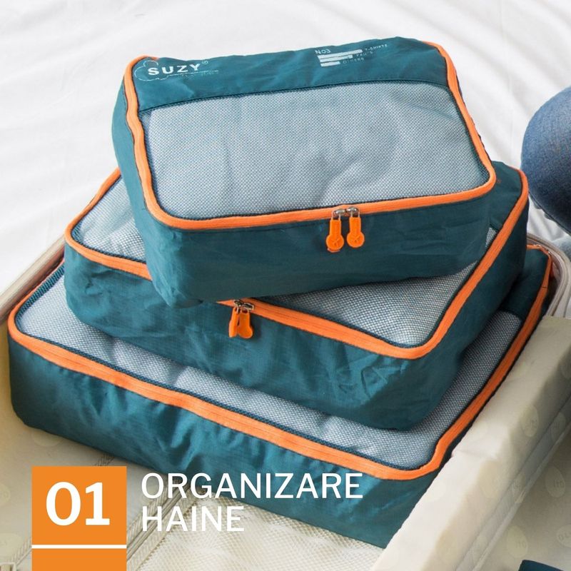Sport si Outdoor - Articole de voiaj - Accesorii articole de voiaj - Set 7 huse organizare haine bagaj pentru calatorie, 3x plicuri impermeabile, 3x huse plasa, 1x organizator pantofi,Verde - Infinity.ro