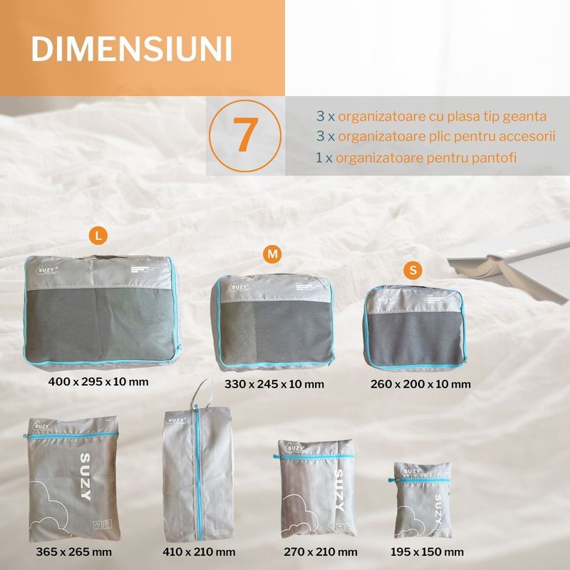 Sport si Outdoor - Articole de voiaj - Accesorii articole de voiaj - Set 7 huse organizare haine bagaj pentru calatorie, 3x plicuri impermeabile, 3x huse plasa, 1x organizator pantofi,Gri - Infinity.ro