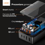 PC, gaming si accesorii - Retelistica - Hub-uri - Incarcator USB ultra rapid GaN 100W -2809C, 2x PD(100W), 2x QC(65W), afisaj LCD, portabil, util incarcare laptop, Negru - Infinity.ro