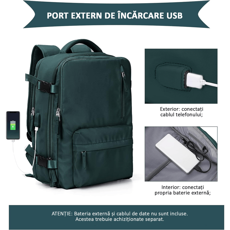 Sport si Outdoor - Articole de voiaj - Rucsacuri - Rucsac Laptop OBRALIX®, Calatorie Business, port USB, pana la 35 L, Impermeabil, 42x30x20 cm, Turcoaz inchis - Infinity.ro