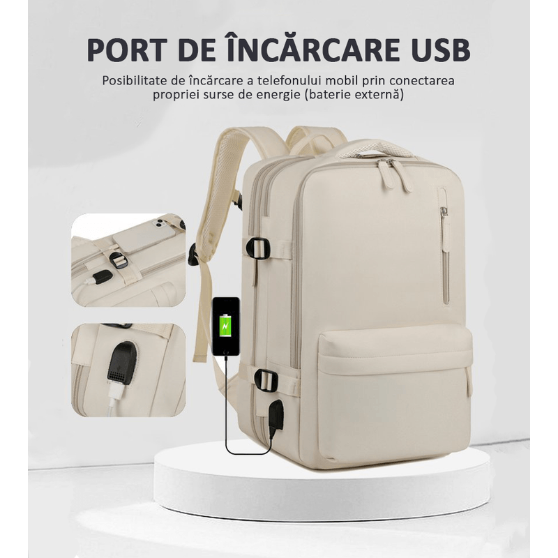 Sport si Outdoor - Articole de voiaj - Rucsacuri - Rucsac Calatorie pentru Laptop, Extensibil, Impermeabil, pentru Avion, port USB, pana la 39 L, Bej, OBRALIX® - Infinity.ro