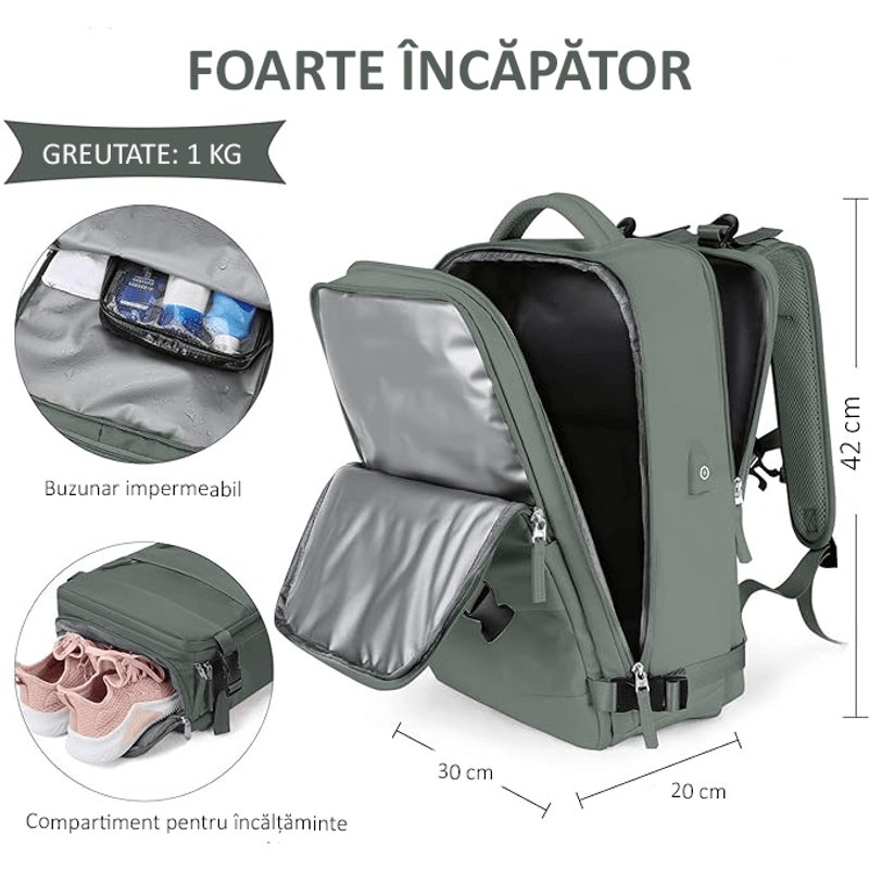 Sport si Outdoor - Articole de voiaj - Rucsacuri - Rucsac Calatorie pentru Laptop OBRALIX®, Business, City Break, Impermeabil, port USB, pana la 35 L,  42x30x20 cm, Kaki - Infinity.ro