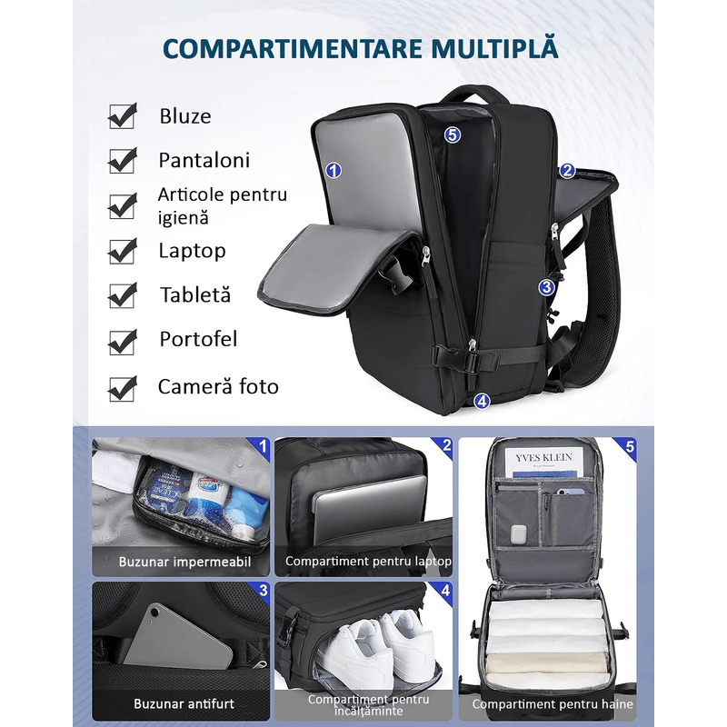 Sport si Outdoor - Articole de voiaj - Rucsacuri - Rucsac Calatorie pentru Laptop, pentru Avion, port USB, pana la 35 L, Impermeabil, 42x30x20 cm, Negru, OBRALIX® - Infinity.ro