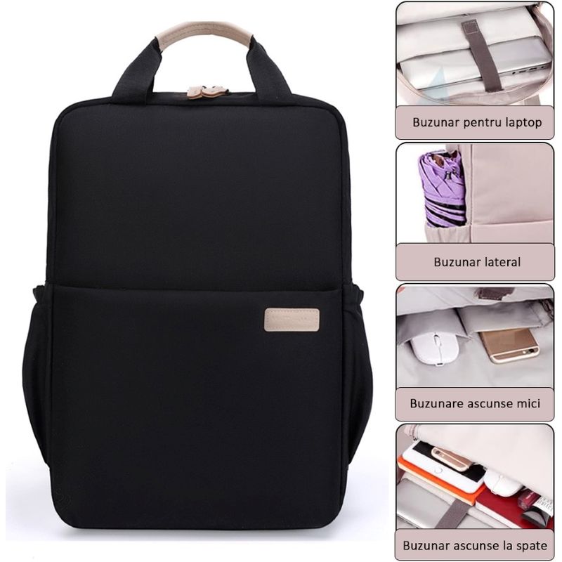 Sport si Outdoor - Articole de voiaj - Rucsacuri - Rucsac Laptop 15.6", Office, Elegant, pentru Studenti, Impermeabil, Usor, 40x27x11 cm, Negru, OBRALIX® - Infinity.ro