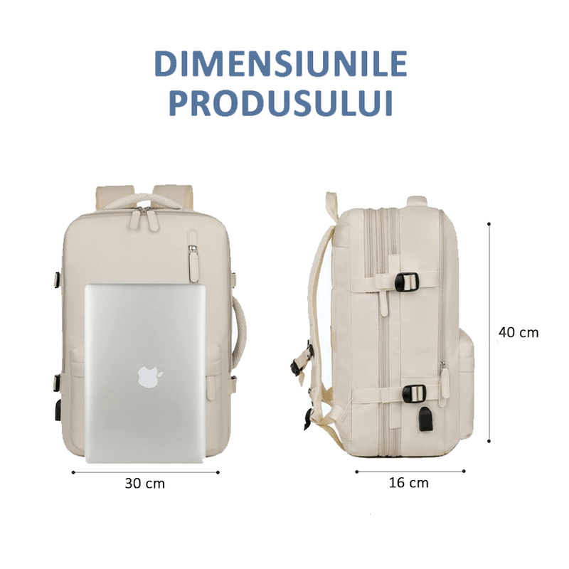 Sport si Outdoor - Articole de voiaj - Rucsacuri - Rucsac Calatorie pentru Laptop, Extensibil, Impermeabil, pentru Avion, port USB, pana la 39 L, Bej, OBRALIX® - Infinity.ro