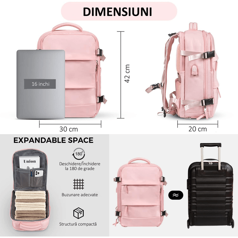 Sport si Outdoor - Articole de voiaj - Rucsacuri - Rucsac Calatorie pentru Laptop, pentru Avion, port USB, pana la 35 L, Impermeabil, 42x30x20 cm, Roz, OBRALIX® - Infinity.ro