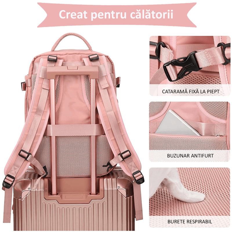 Sport si Outdoor - Articole de voiaj - Rucsacuri - Rucsac Calatorie pentru Laptop, pentru Avion, port USB, pana la 35 L, Impermeabil, 42x30x20 cm, Roz, OBRALIX® - Infinity.ro