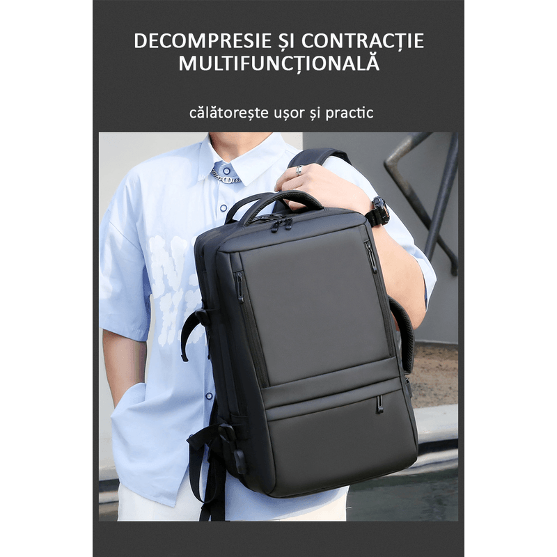 Sport si Outdoor - Articole de voiaj - Rucsacuri - Rucsac Calatorie Extensibil, Laptop 17", pentru Avion, Impermeabil, port USB, pana la 40 L, Negru denim, OBRALIX® - Infinity.ro