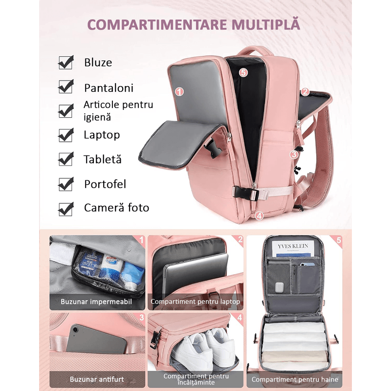 Sport si Outdoor - Articole de voiaj - Rucsacuri - Rucsac Calatorie pentru Laptop, pentru Avion, port USB, pana la 35 L, Impermeabil, 42x30x20 cm, Roz, OBRALIX® - Infinity.ro
