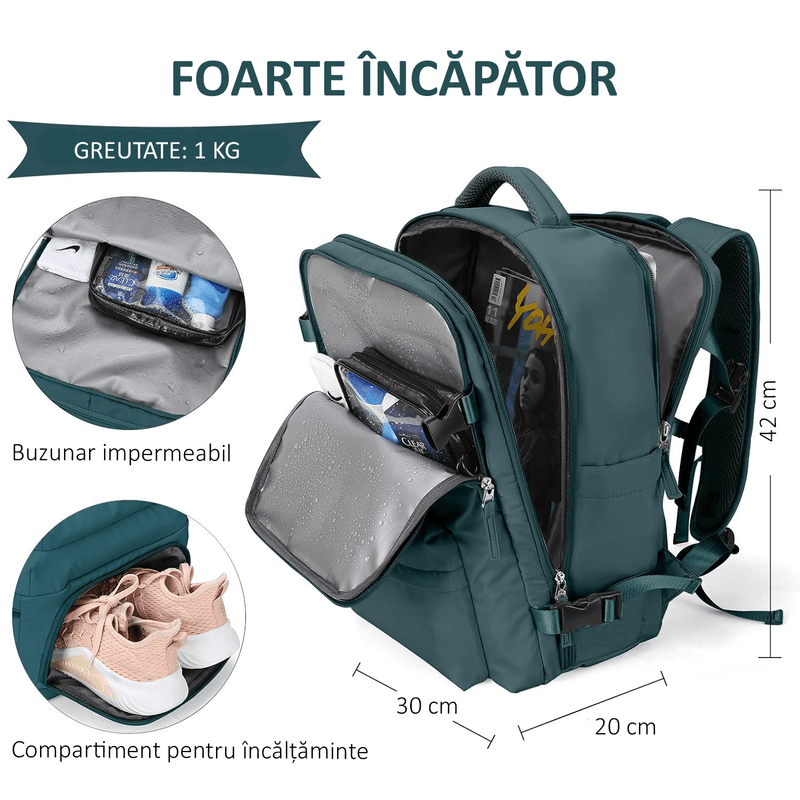 Sport si Outdoor - Articole de voiaj - Rucsacuri - Rucsac Laptop OBRALIX®, Calatorie Business, port USB, pana la 35 L, Impermeabil, 42x30x20 cm, Turcoaz inchis - Infinity.ro